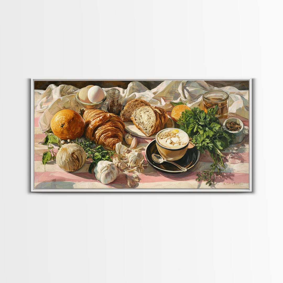 Croissant and Cappuccino on Striped Cloth Canvas Print, Coffee Shop Art, Kitchen Art, Cafe Decor, Cafe, Minimalist Wall Art, CSA-2x1-73