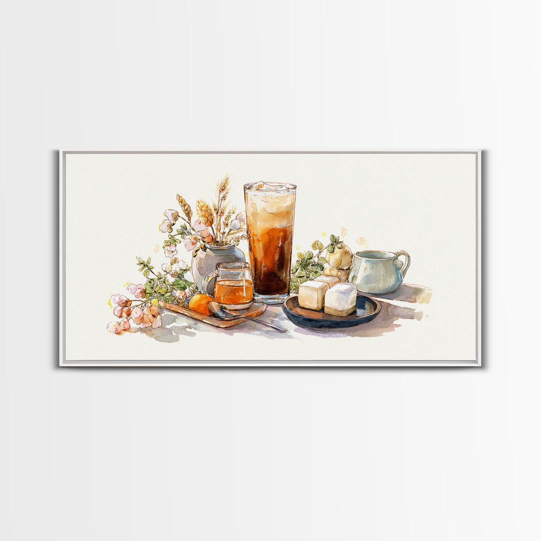 Iced Coffee Glass Framed Canvas Print, Coffee Shop Art, Food Art, Cafe Decor, Fine Art, Cafe, Minimalist Decor, CSA-2x1-79