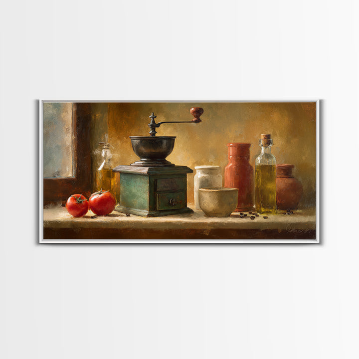 Coffee Grinder Antique Still Life Framed Canvas Print, Coffee Shop Art, Dopamine Decor, Cafe Decor, Cafe, Coffee Wall Art, CSA-2x1-80