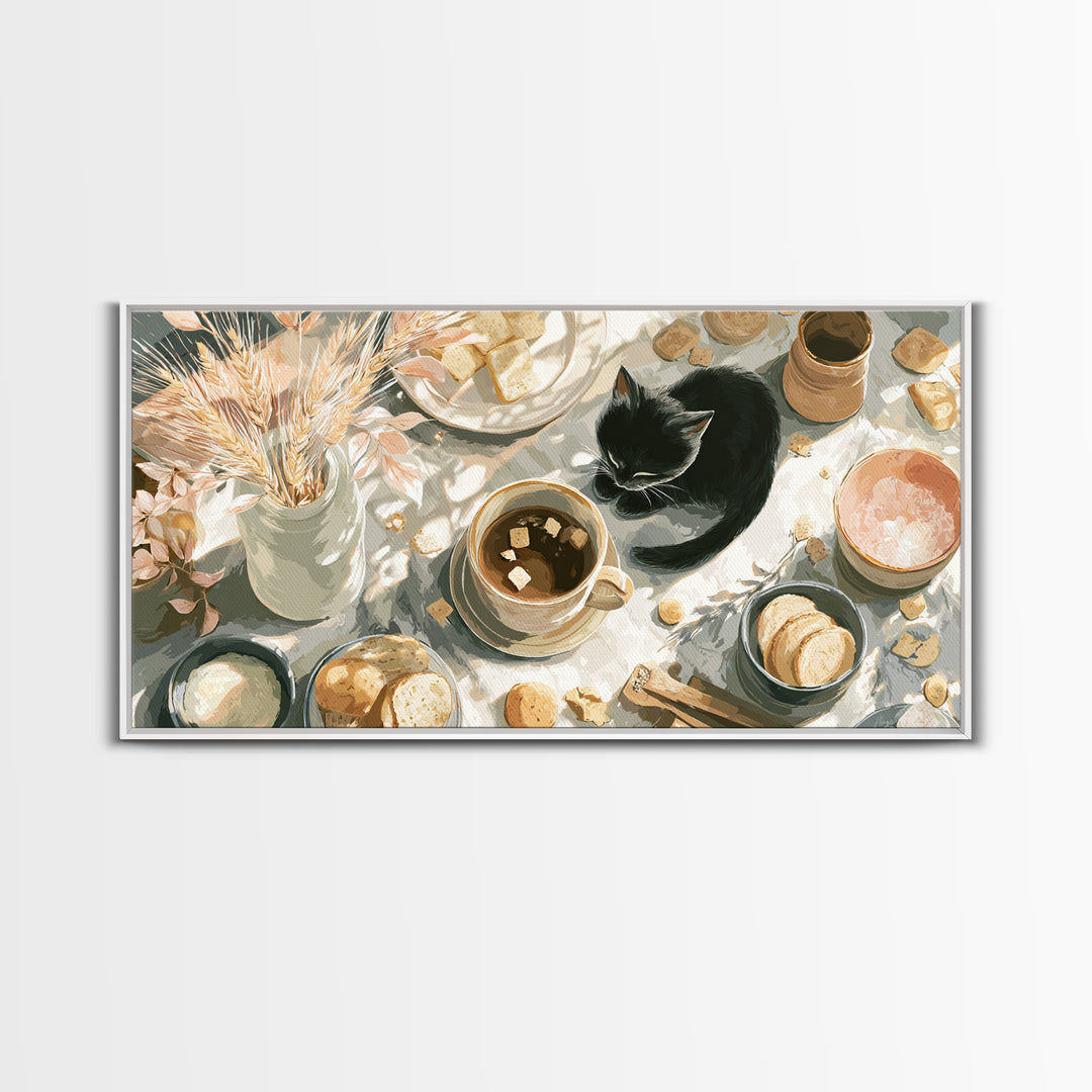 Black Cat Beside a Steaming Cup Canvas Print, Coffee Shop Art, Printable, Cafe Decor, Fine Art, Cafe, Dopamine Decor, CSA-2x1-82