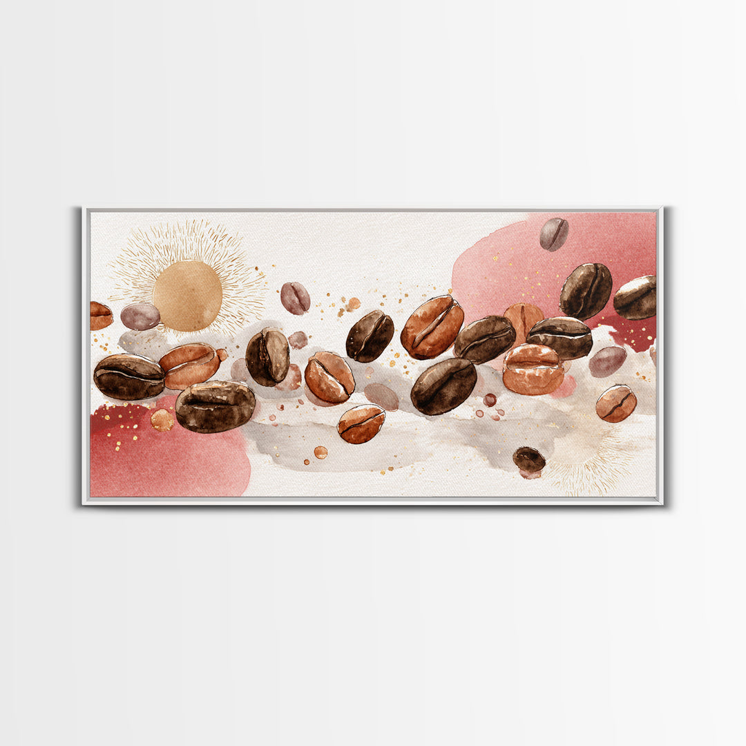 Roasted Beans Falling Through Dark Space Framed Canvas Print, Coffee Shop Art, Kitchen Art, Cafe Decor, Fine Art, Cafe, CSA-2x1-88