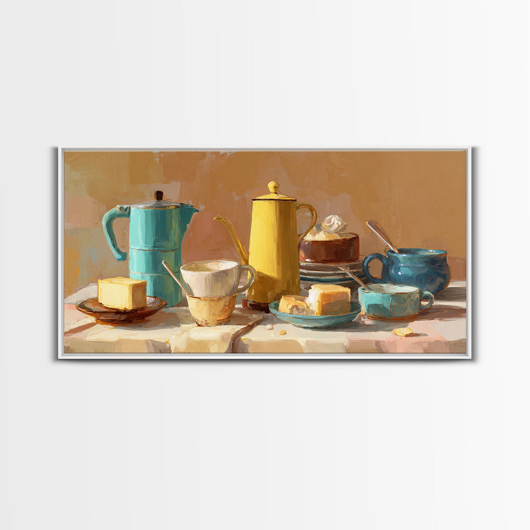 Mid Century Coffee Pot Framed Canvas Print, Coffee Shop Art, Digital Wall Art, Cafe Decor, Oil Painting, Cafe, Bedroom Wall Art, CSA-2x1-90