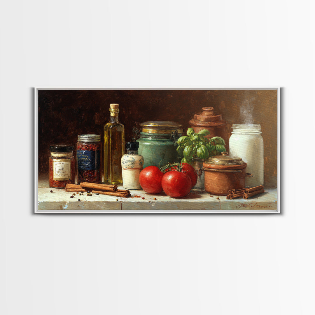 Cinnamon Sticks and Cappuccino Foam Still Life Framed Canvas Print, Coffee Shop Art, Kitchen Gift, Cafe Decor, Oil Painting, CSA-2x1-92