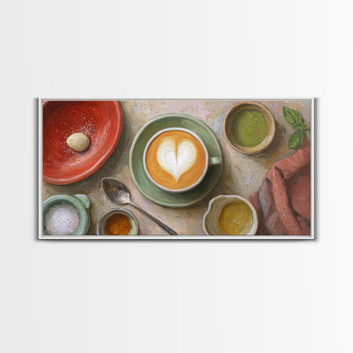Latte Art Heart Seen from Above Framed Canvas Print, Coffee Shop Art, Kitchen Wall Decor, Cafe Decor, Oil Painting, Cafe, CSA-2x1-96