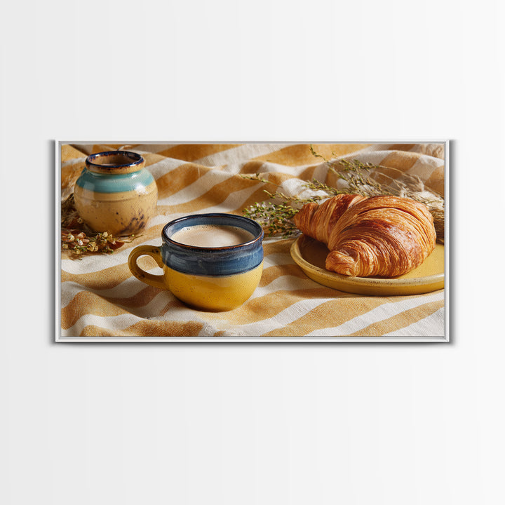 Croissant and Cappuccino on Striped Cloth Framed Canvas Print, Coffee Shop Art, Canvas Print, Cafe Decor, Fine Art, Cafe, CSA-2x1-97