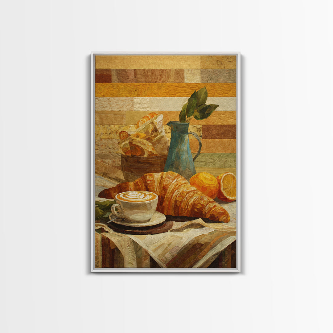 Croissant and Cappuccino on Striped Cloth Framed Canvas Print, Coffee Shop Art, Kitchen Wall Art, Cafe Decor, Fine Art, Cafe, CSA-2x3-13