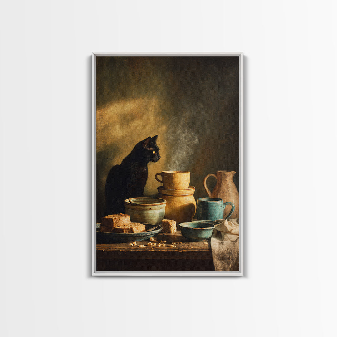 Black Cat Beside a Steaming Cup Framed Canvas Print, Coffee Shop Art, Wall Decor, Cafe Decor, Fine Art, Cafe, Kitchen Gift, CSA-2x3-22