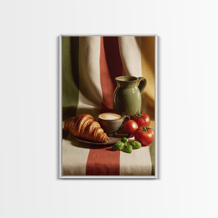 Croissant and Cappuccino on Striped Cloth Framed Canvas Print, Coffee Shop Art, Kitchen Wall Art, Cafe Decor, Fine Art, Cafe, CSA-2x3-37