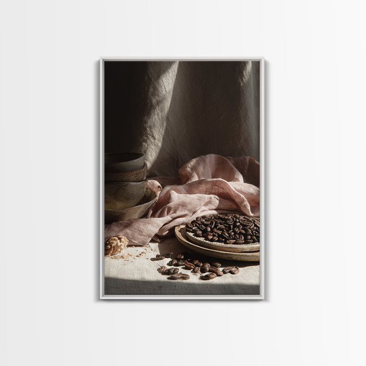 Roasted Beans Falling Through Dark Space Framed Canvas Print, Coffee Shop Art, Contemporary Art, Cafe Decor, Fine Art, Cafe, CSA-2x3-4