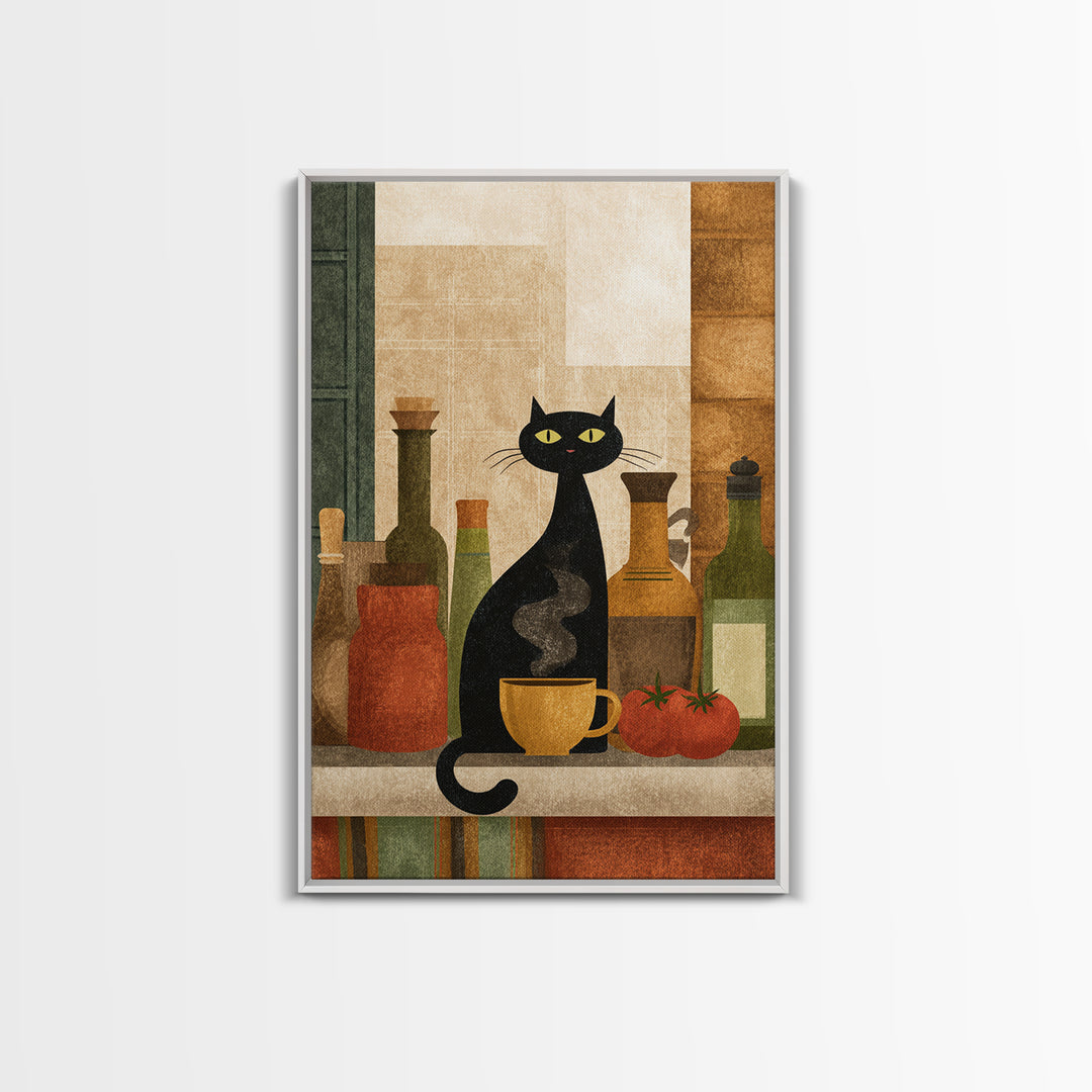 Black Cat Beside a Steaming Cup Framed Canvas Print, Coffee Shop Art, Wall Decor, Cafe Decor, Fine Art, Cafe, Kitchen Gift, CSA-2x3-46