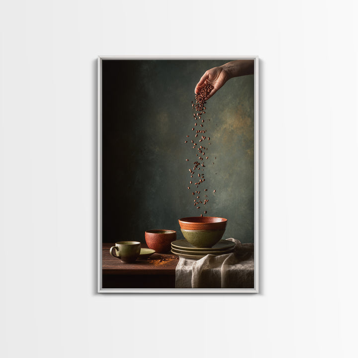Roasted Beans Falling Through Dark Space Framed Canvas Print, Coffee Shop Art, Wall Decor, Cafe Decor, Fine Art, Cafe, CSA-2x3-52