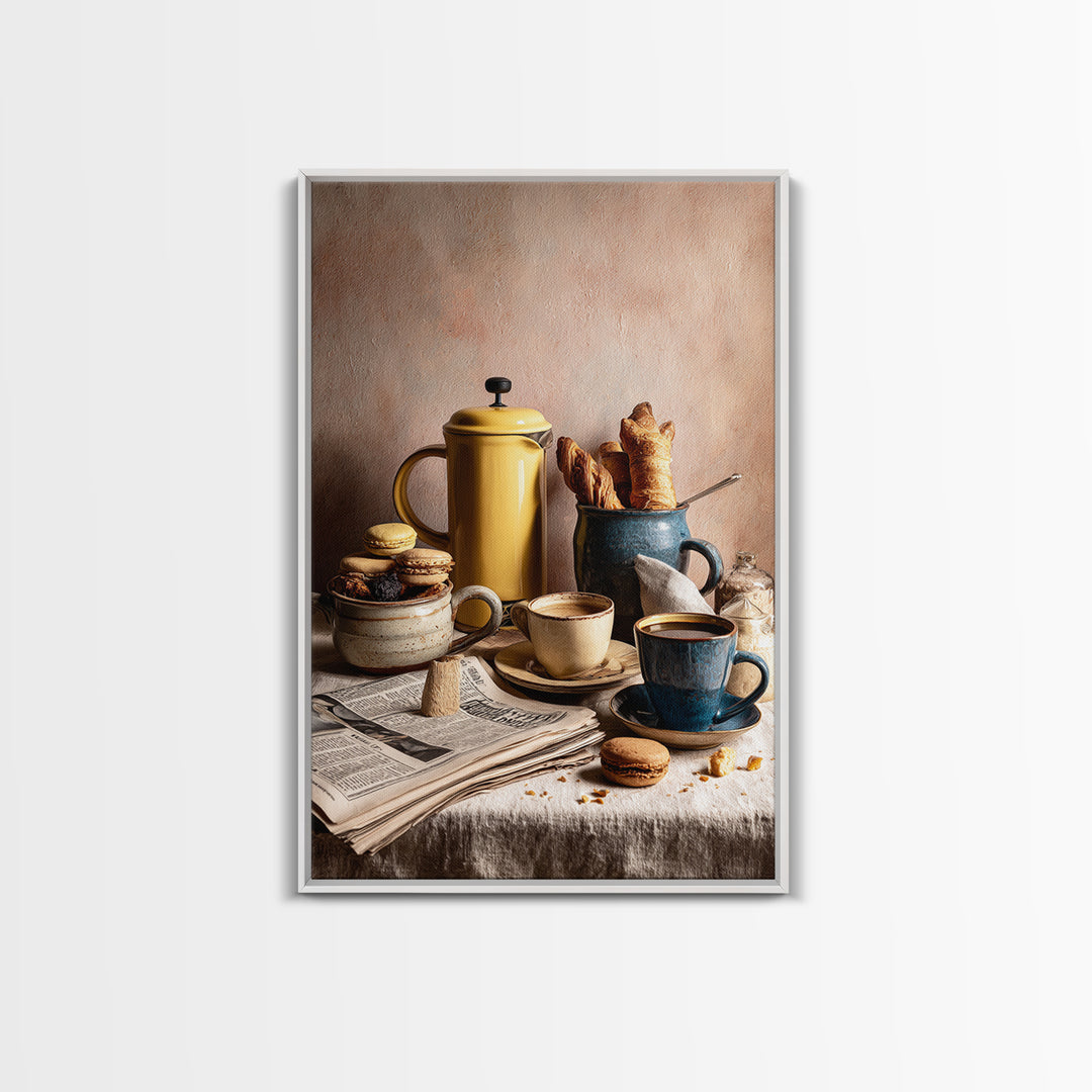French Press and Morning Newspaper Without Readable Canvas Print, Coffee Shop Art, Digital Wall Art, Cafe Decor, Oil Painting, CSA-2x3-66