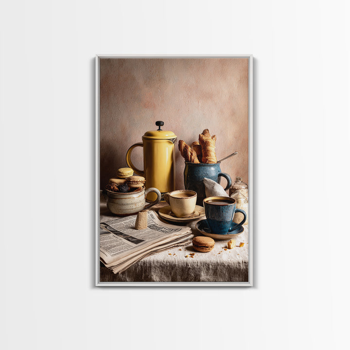 French Press and Morning Newspaper Without Readable Canvas Print, Coffee Shop Art, Digital Wall Art, Cafe Decor, Oil Painting, CSA-2x3-66