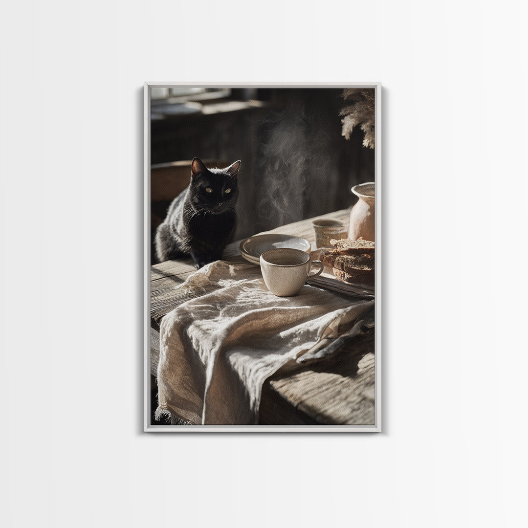 Black Cat Beside a Steaming Cup Canvas Print, Coffee Shop Art, Canvas Wall Art, Cafe Decor, Fine Art, Cafe, Bedroom Wall Art, CSA-2x3-70