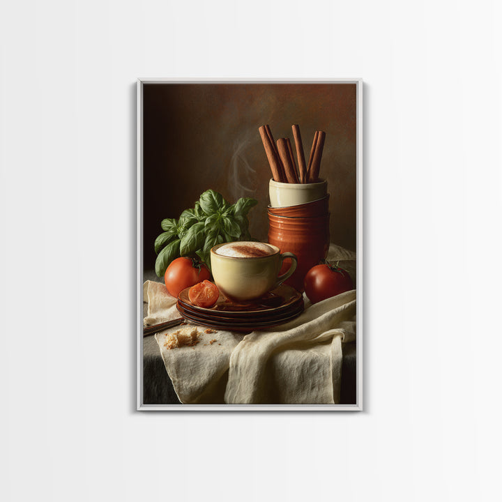 Cinnamon Sticks and Cappuccino Foam Still Life Framed Canvas Print, Coffee Shop Art, Whimsical Art, Cafe Decor, Oil Painting, CSA-2x3-8