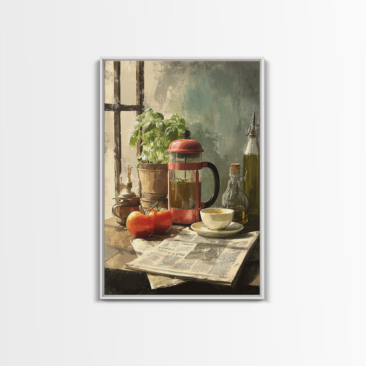 French Press and Morning Newspaper Without Readable Framed Canvas Print, Coffee Shop Art, Farmhouse Decor, Cafe Decor, Cafe, CSA-2x3-90