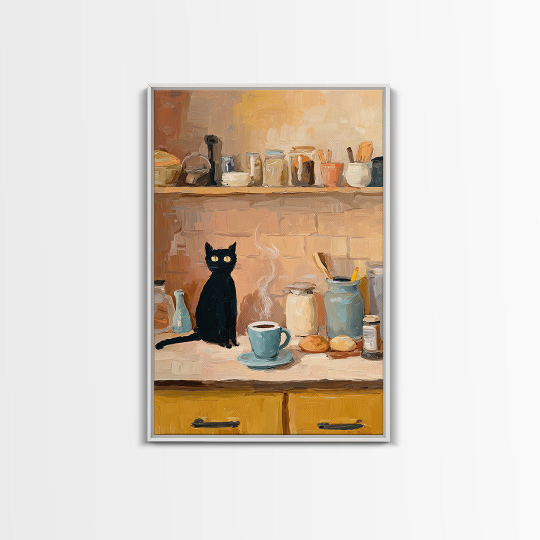 Black Cat Beside a Steaming Cup Framed Canvas Print, Coffee Shop Art, Kitchen Art, Cafe Decor, Cafe, Minimalist Wall Art, CSA-2x3-94