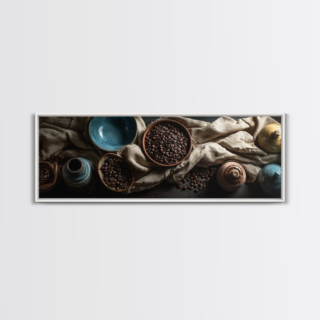 Roasted Beans Falling Through Dark Space Framed Canvas Print, Coffee Shop Art, Moody Wall Art, Cafe Decor, Fine Art, Cafe, CSA-3x1-12