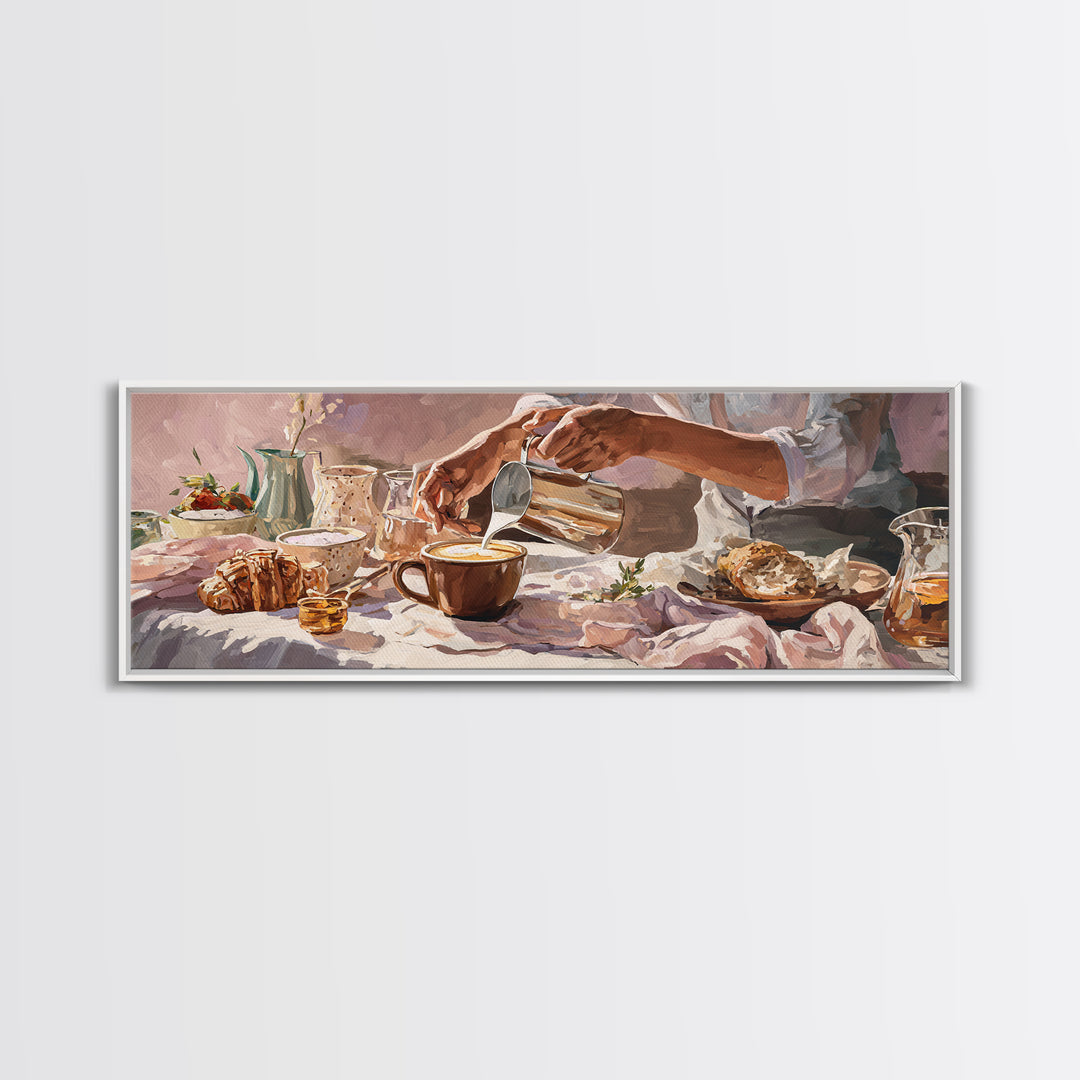 Barista Hands Pouring Milk into Espresso Canvas Print, Coffee Shop Art, Dopamine Decor, Cafe Decor, Cafe, Coffee Wall Art, CSA-3x1-13