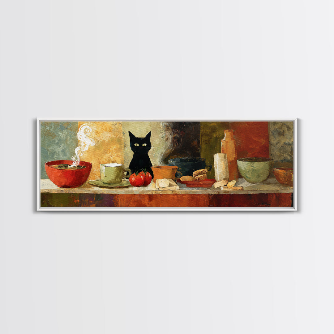 Black Cat Beside a Steaming Cup Canvas Print, Coffee Shop Art, Printable, Cafe Decor, Fine Art, Cafe, Dopamine Decor, CSA-3x1-30