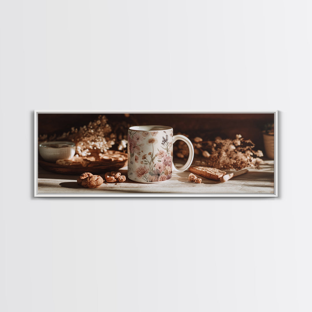 Ceramic Mug with Wildflowers Around It Framed Canvas Print, Coffee Shop Art, Coffee Wall Art, Cafe Decor, Fine Art, Cafe, CSA-3x1-32