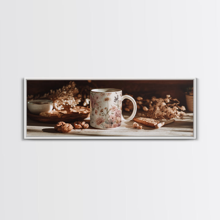 Ceramic Mug with Wildflowers Around It Framed Canvas Print, Coffee Shop Art, Coffee Wall Art, Cafe Decor, Fine Art, Cafe, CSA-3x1-32