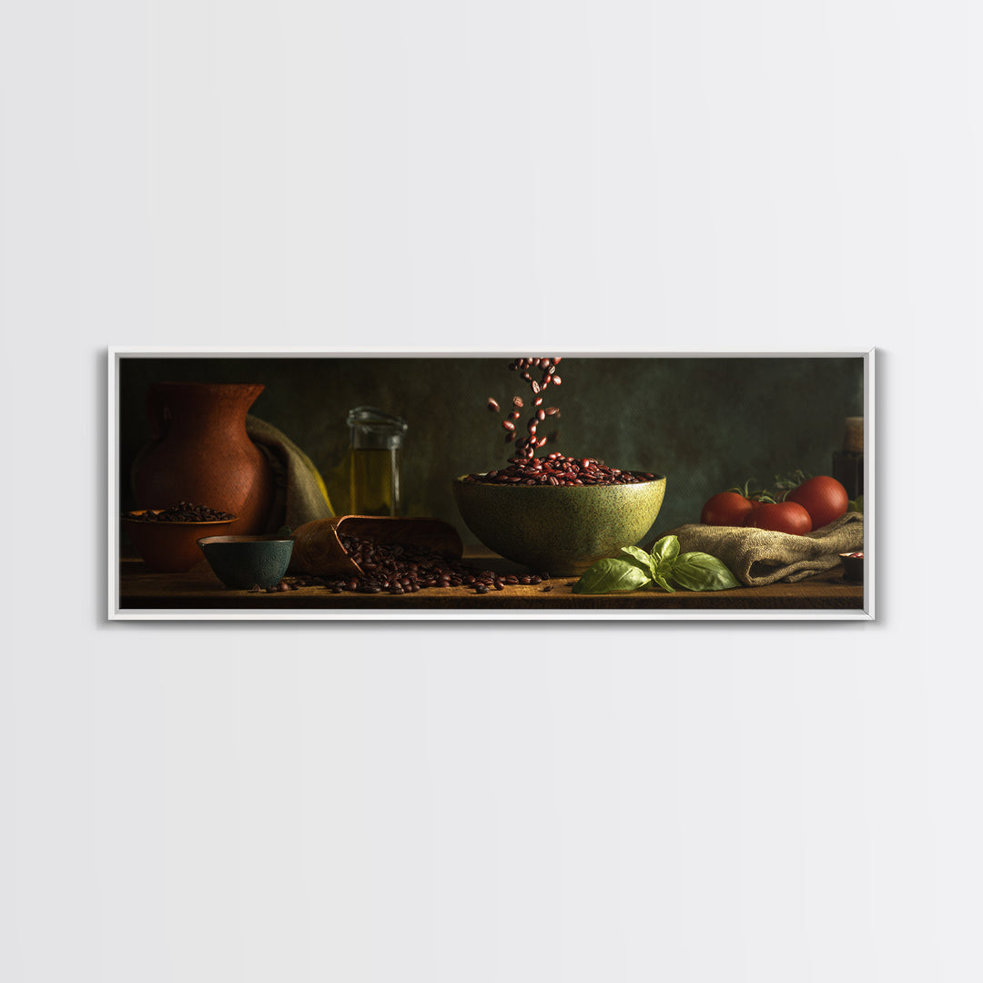 Roasted Beans Falling Through Dark Space Canvas Print, Coffee Shop Art, Gallery Decor, Cafe Decor, Fine Art, Cafe, Wall Art, CSA-3x1-36