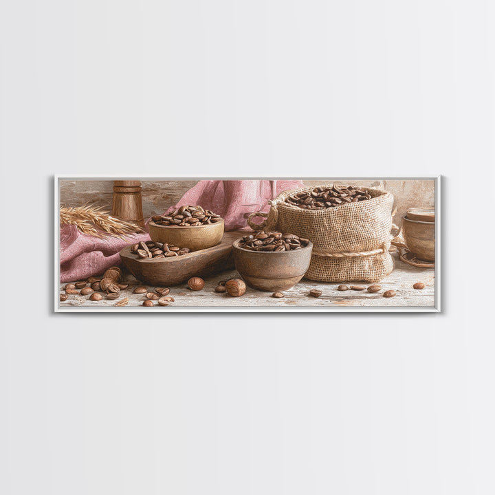 Coffee Beans and Burlap Sack Still Life Canvas Print, Coffee Shop Art, Canvas Print, Cafe Decor, Fine Art, Cafe, Neutral Decor, CSA-3x1-42
