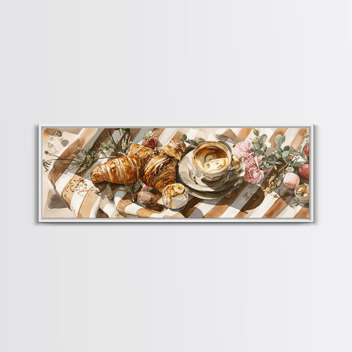 Croissant and Cappuccino on Striped Cloth Canvas Print, Coffee Shop Art, Moody Wall Art, Cafe Decor, Cafe, Luxury Decor, CSA-3x1-45