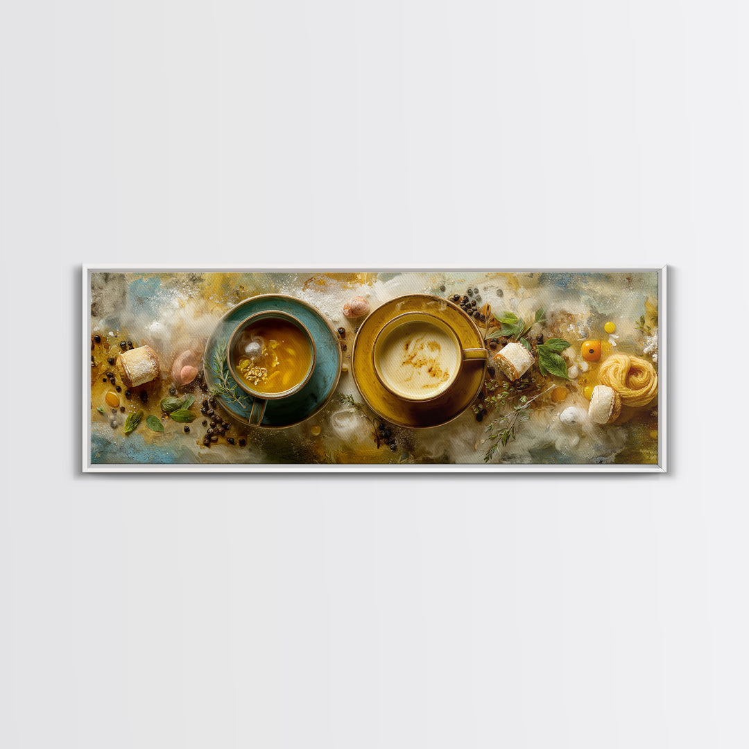 Two Cups Facing Each Other Framed Canvas Print, Coffee Shop Art, Coffee Art, Cafe Decor, Fine Art, Cafe, Textured Painting, CSA-3x1-53