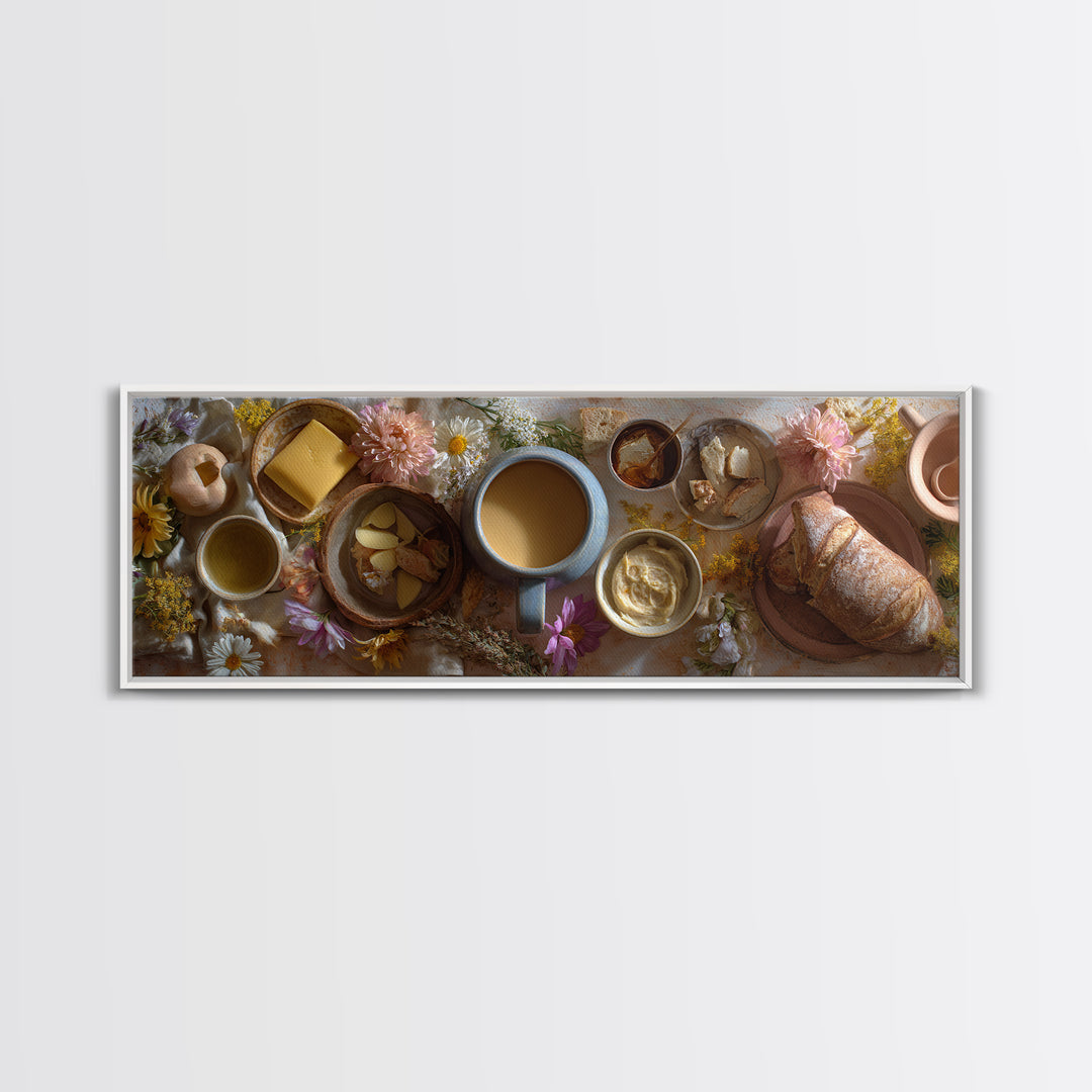 Ceramic Mug with Wildflowers Around It Framed Canvas Print, Coffee Shop Art, Minimalist Decor, Cafe Decor, Oil Painting, Cafe, CSA-3x1-56