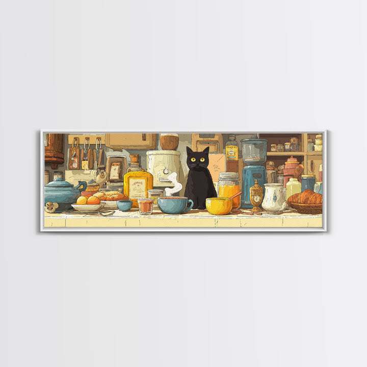 Black Cat Beside a Steaming Cup Canvas Print, Coffee Shop Art, Moody Wall Art, Cafe Decor, Fine Art, Cafe, Luxury Decor, CSA-3x1-6