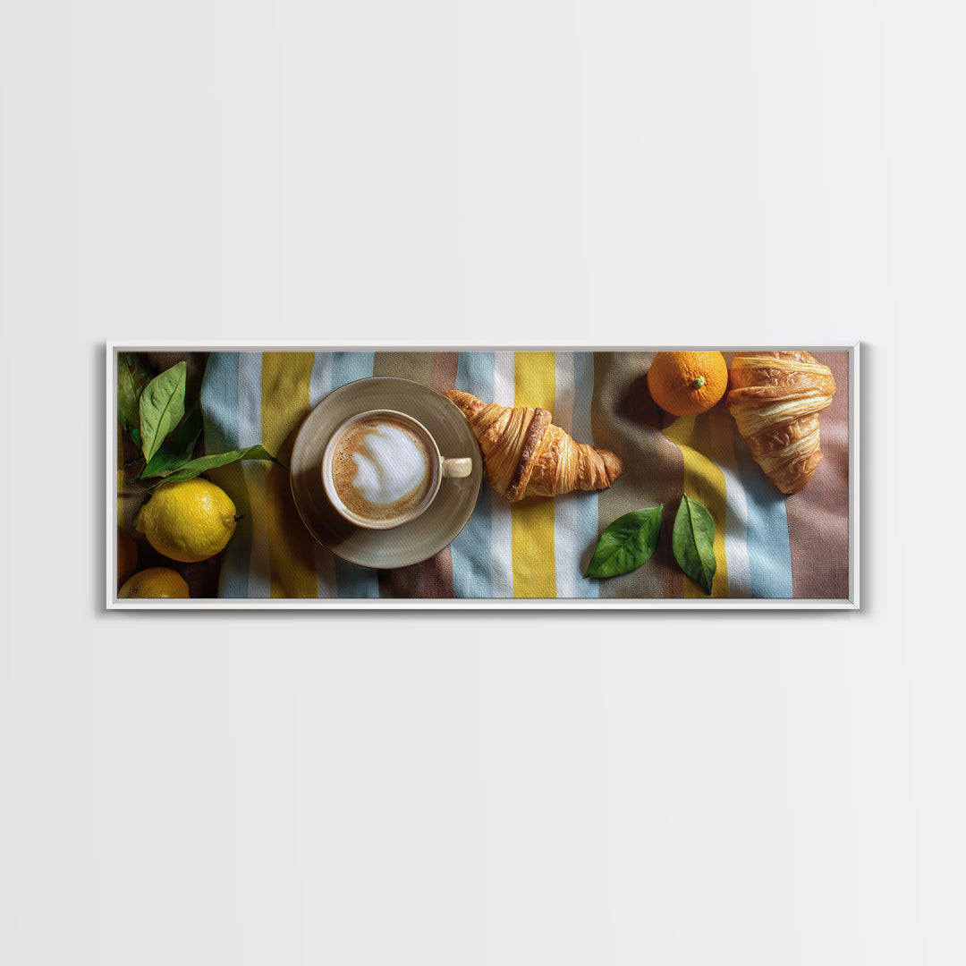 Croissant and Cappuccino on Striped Cloth Framed Canvas Print, Coffee Shop Art, Gallery Decor, Cafe Decor, Fine Art, Cafe, CSA-3x1-69