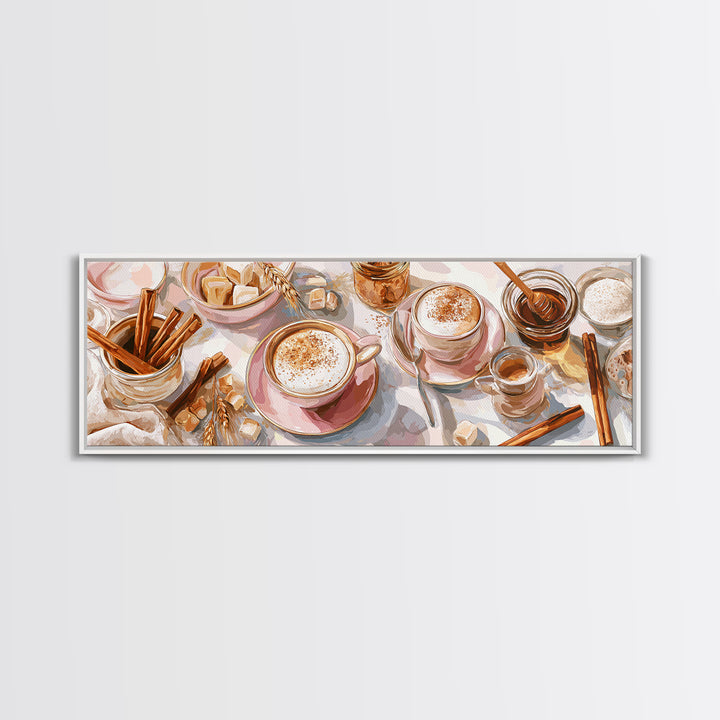 Cinnamon Sticks and Cappuccino Foam Still Life Canvas Print, Coffee Shop Art, Wall Art, Cafe Decor, Oil Painting, Cafe, CSA-3x1-88