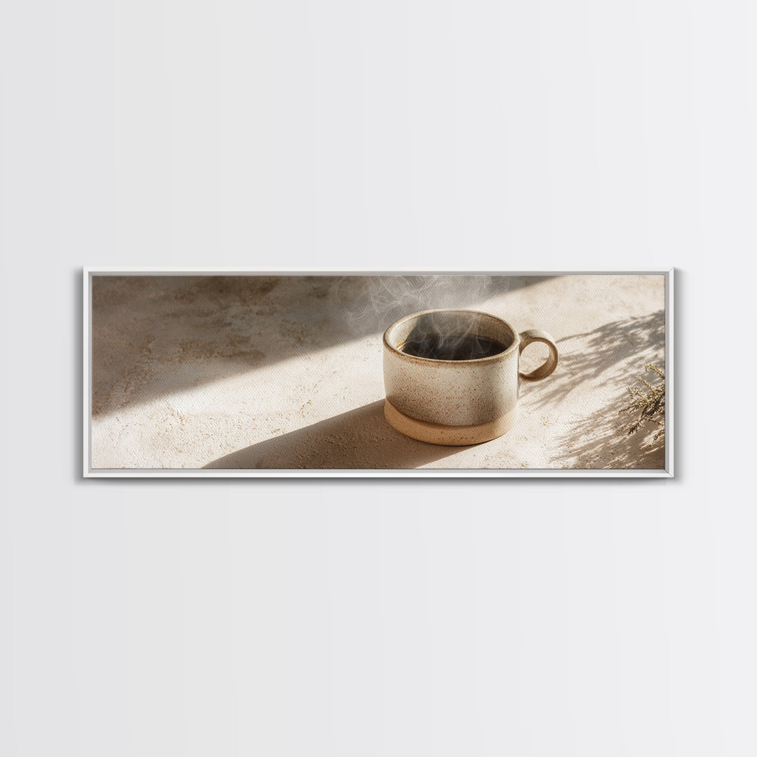 Espresso Cup with Rising Steam and Warm Framed Canvas Print, Coffee Shop Art, Boho Decor, Cafe Decor, Oil Painting, Cafe, CSA-3x1-89