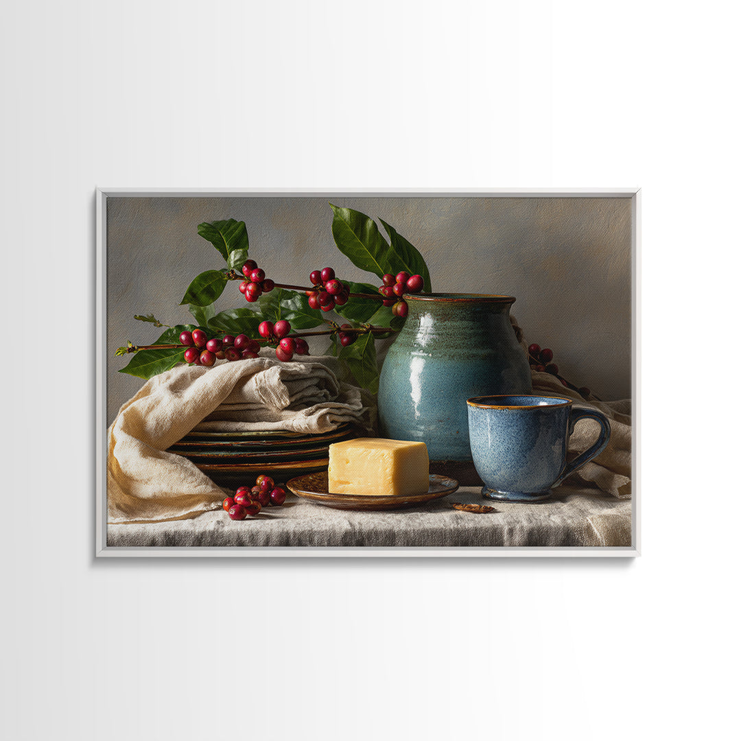 Botanical Coffee Plant Branch Framed Canvas Print, Coffee Shop Art, Dopamine Decor, Cafe Decor, Oil Painting, Cafe, CSA-3x2-10