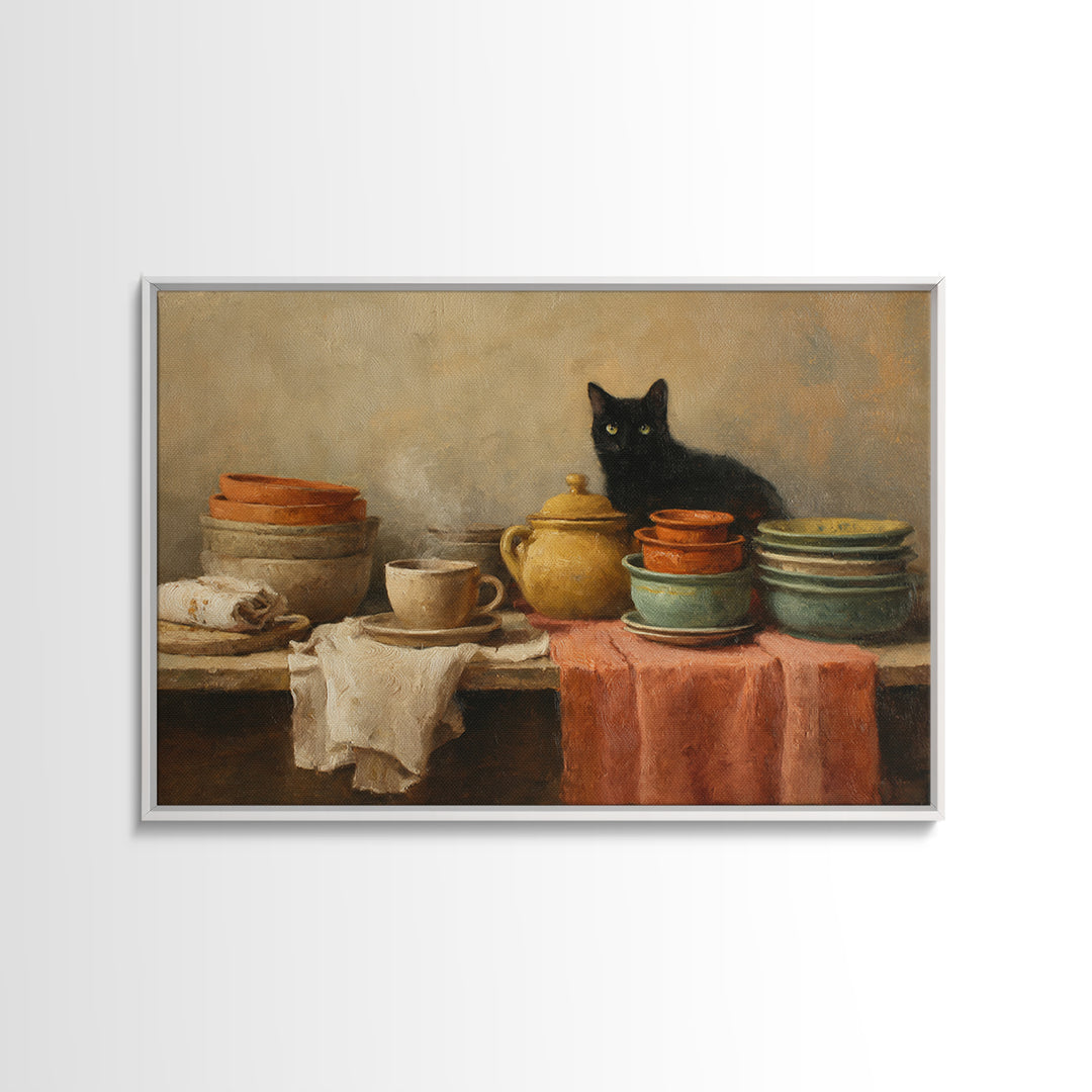 Black Cat Beside a Steaming Cup Framed Canvas Print, Coffee Shop Art, Kitchen Art, Cafe Decor, Cafe, Minimalist Wall Art, CSA-3x2-18