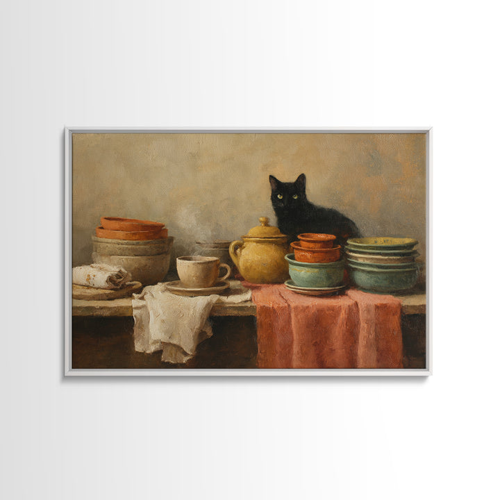 Black Cat Beside a Steaming Cup Framed Canvas Print, Coffee Shop Art, Kitchen Art, Cafe Decor, Cafe, Minimalist Wall Art, CSA-3x2-18