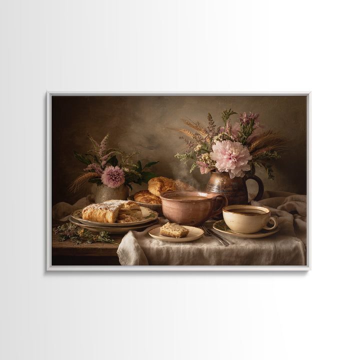 Sunlit Pastry and Coffee Arrangement Framed Canvas Print, Coffee Shop Art, Coffee Art, Cafe Decor, Fine Art, Cafe, CSA-3x2-23