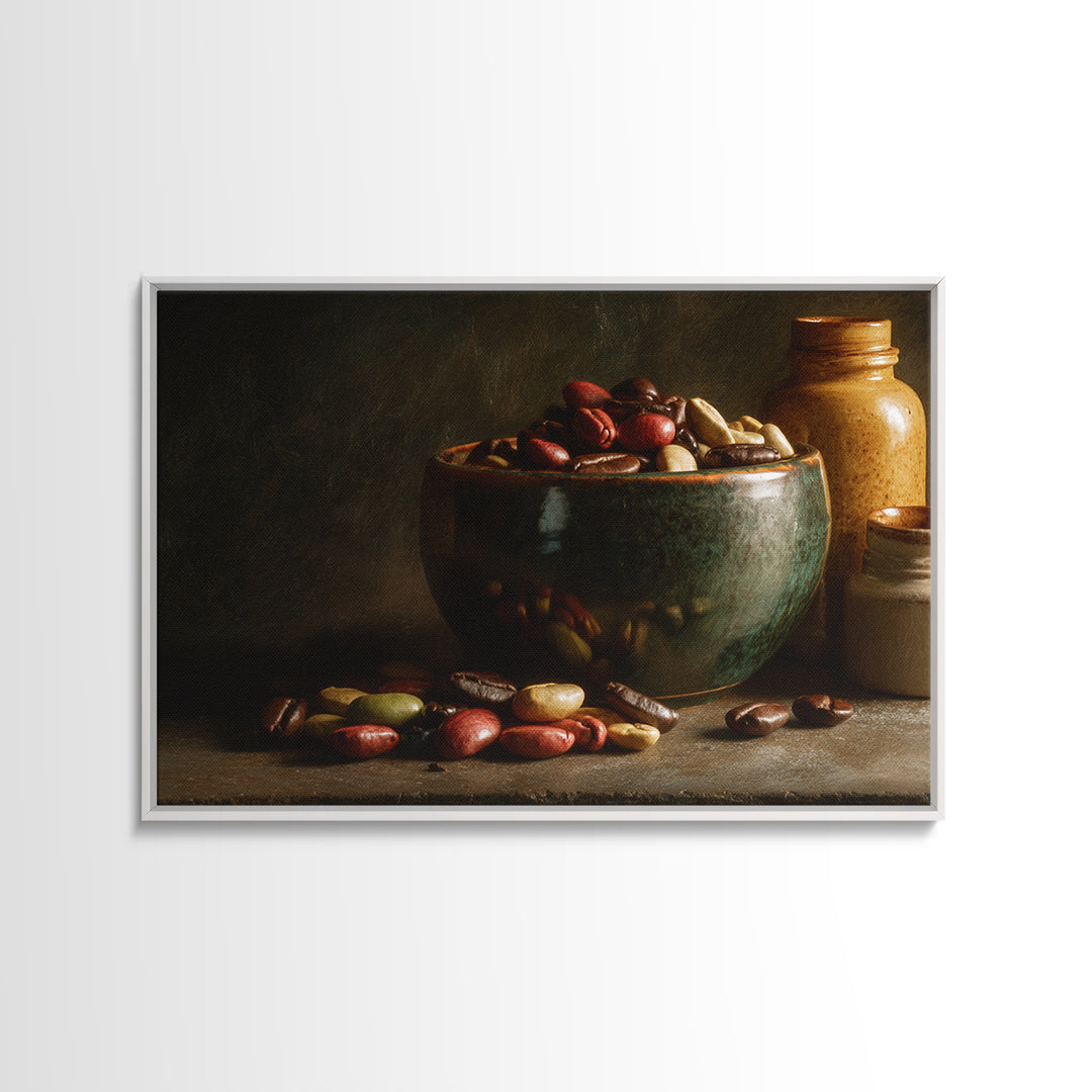 Roasted Beans Falling Through Dark Space Framed Canvas Print, Coffee Shop Art, Moody Wall Art, Cafe Decor, Fine Art, Cafe, CSA-3x2-24