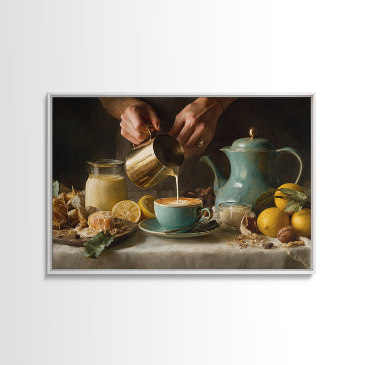 Barista Hands Pouring Milk into Espresso Framed Canvas Print, Coffee Shop Art, Minimalist Wall Art, Cafe Decor, Abstract Art, CSA-3x2-25