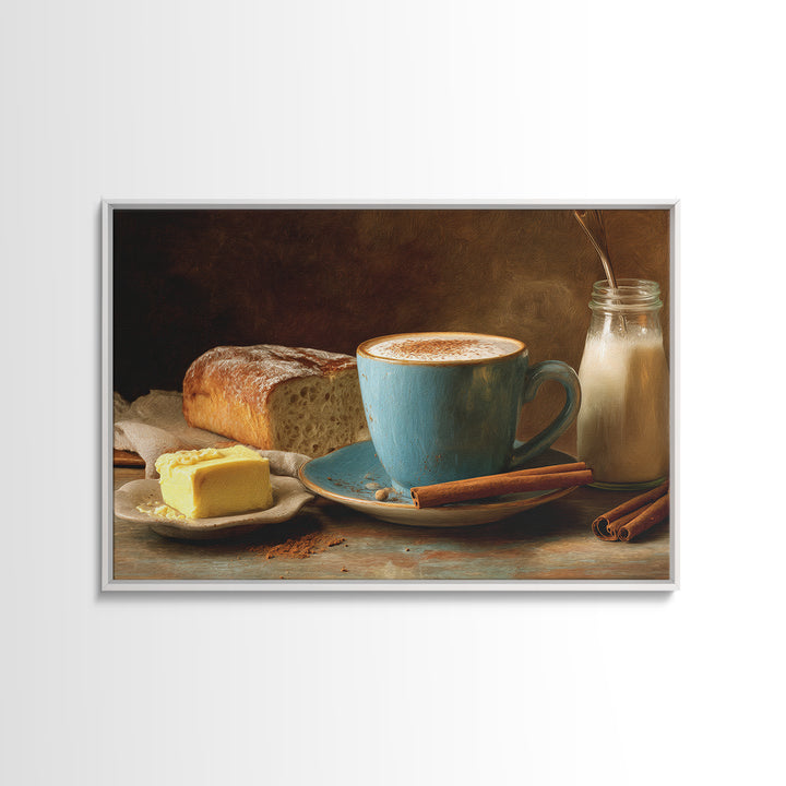 Cinnamon Sticks and Cappuccino Foam Still Life Framed Canvas Print, Coffee Shop Art, Bedroom Wall Art, Cafe Decor, Cafe, CSA-3x2-28