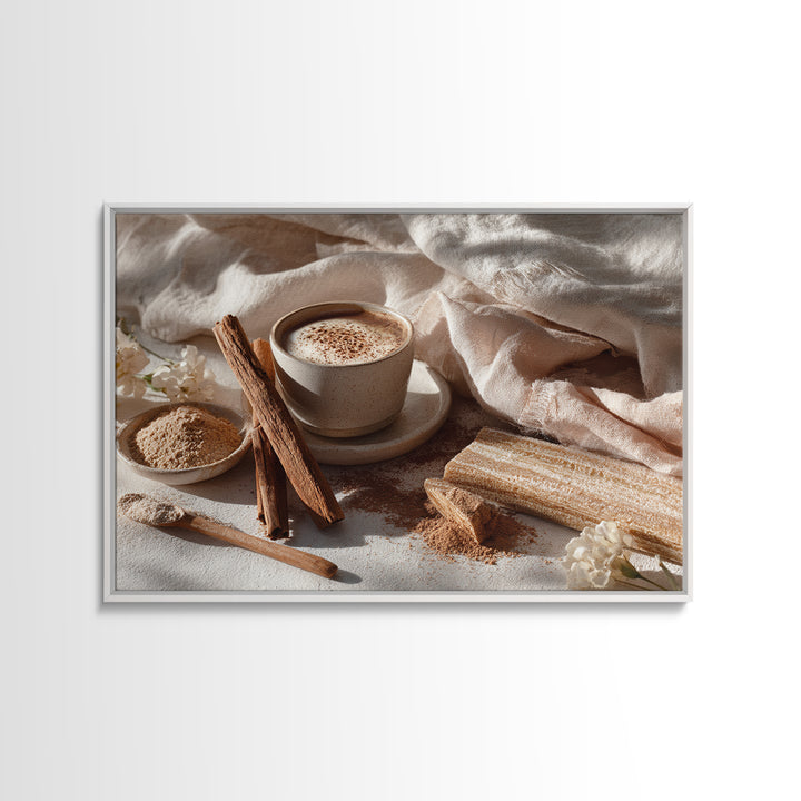 Cinnamon Sticks and Cappuccino Foam Still Life Canvas Print, Coffee Shop Art, Kitchen Gift, Cafe Decor, Oil Painting, Cafe, CSA-3x2-4