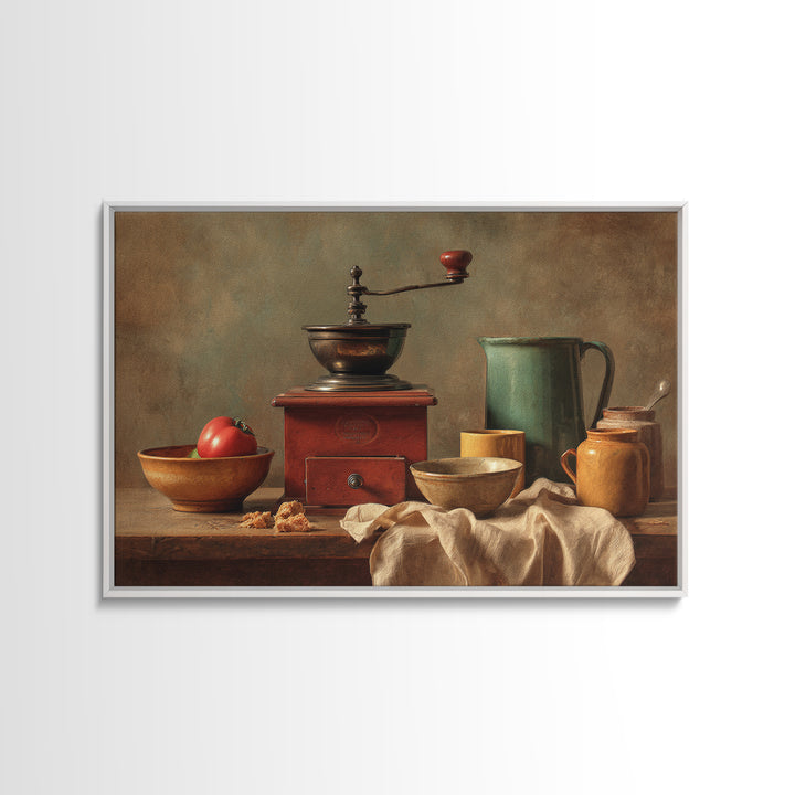 Coffee Grinder Antique Still Life Framed Canvas Print, Coffee Shop Art, Whimsical Art, Cafe Decor, Oil Painting, Cafe, CSA-3x2-40