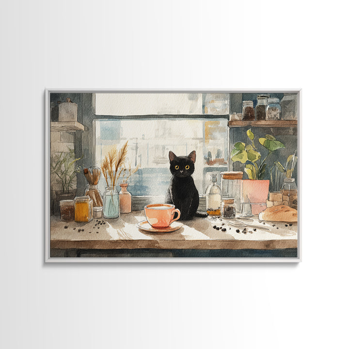 Black Cat Beside a Steaming Cup Canvas Print, Coffee Shop Art, Canvas Print, Cafe Decor, Fine Art, Cafe, Neutral Decor, CSA-3x2-42