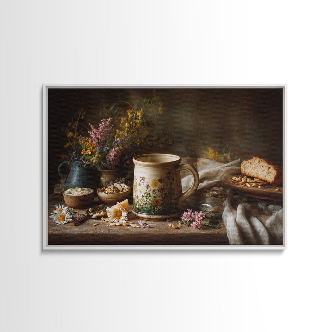 Ceramic Mug with Wildflowers Around It Canvas Print, Coffee Shop Art, Coffee Wall Art, Cafe Decor, Fine Art, Cafe, CSA-3x2-44