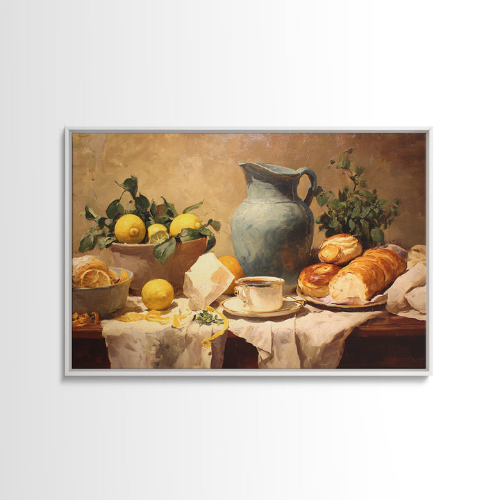 Sunlit Pastry and Coffee Arrangement Framed Canvas Print, Coffee Shop Art, Digital Wall Art, Cafe Decor, Oil Painting, Cafe, CSA-3x2-47