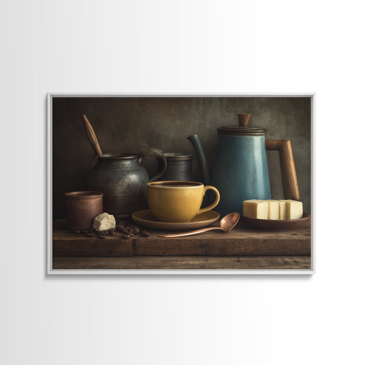 Moody Dark Roast Still Life Framed Canvas Print, Coffee Shop Art, Textured Painting, Cafe Decor, Fine Art, Cafe, Kitchen Decor, CSA-3x2-60