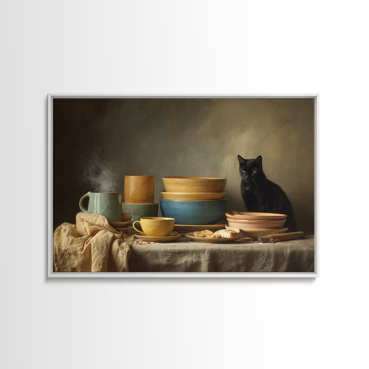 Black Cat Beside a Steaming Cup Canvas Print, Coffee Shop Art, Canvas Print, Cafe Decor, Fine Art, Cafe, Neutral Decor, CSA-3x2-66