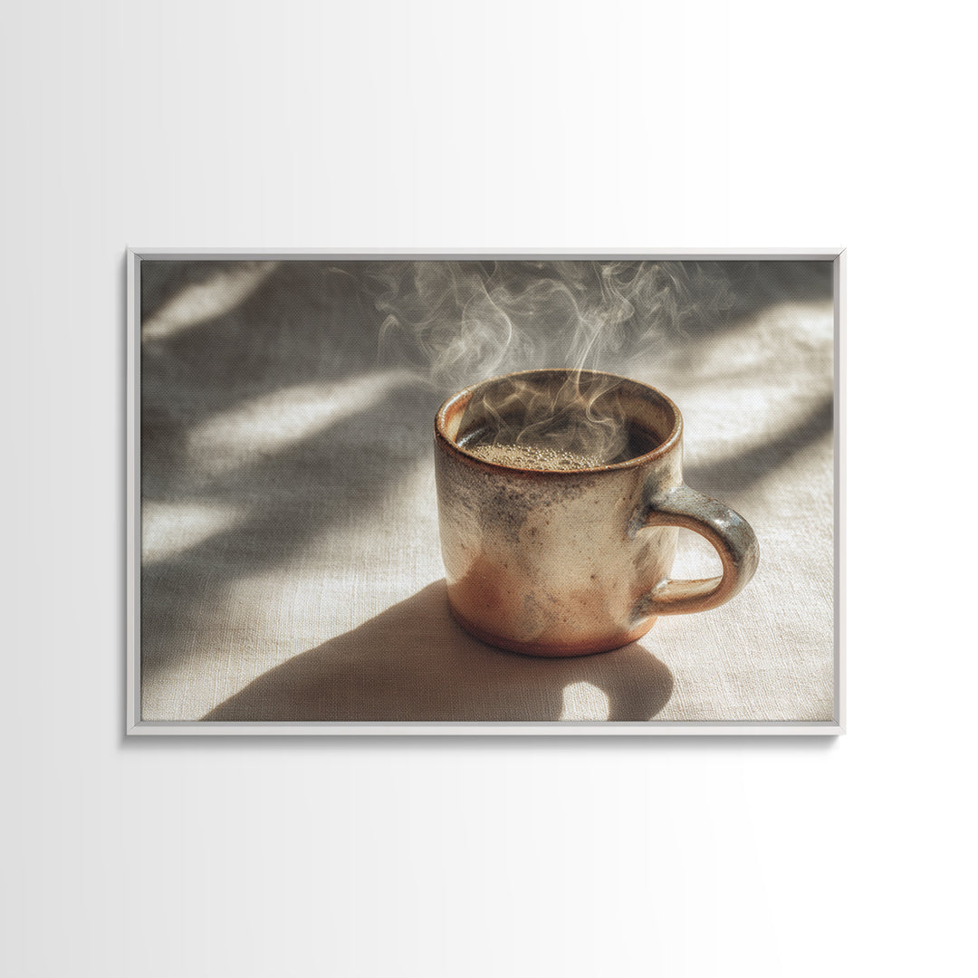 Espresso Cup with Rising Steam and Warm Framed Canvas Print, Coffee Shop Art, Room Decor, Cafe Decor, Fine Art, Cafe, CSA-3x2-77